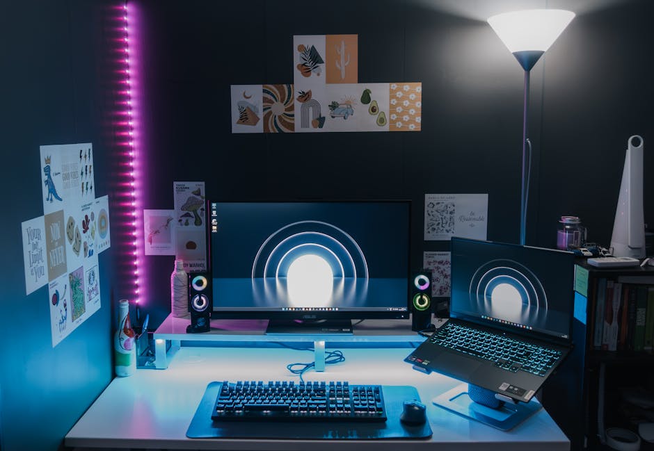 Stylish gaming setup featuring dual monitors and LED lighting