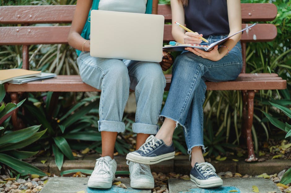 Two young women collaborating on a park bench with a laptop and notebook during summer.